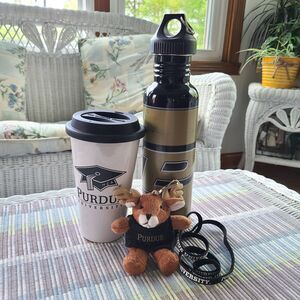Purdue University Spirit Bundle Ceramic Mug, H2O Bottle, Plush Keychain, Lanyard